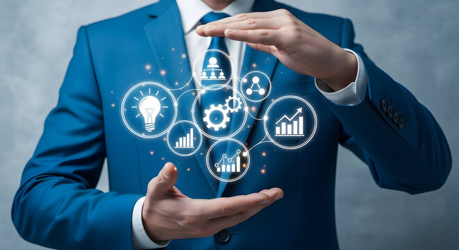 Business Growth and Strategy Icons Held by Man