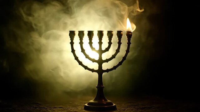 Golden Menorah Lit Flame With Smoke Dramatic Lighting Dark Background Symbolic Cultural Religious Object
