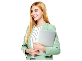 Young woman in green blazer holding laptop on black background young woman, green blazer, laptop, holding laptop, computer, technology, business, female, blonde hair, smiling, looking away, studio sho
