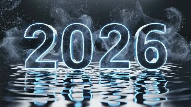 Futuristic liquid metal animation revealing 2026 year text with splashing dark water and glowing neon edges for new year celebration