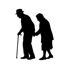 Silhouette of a elderly couple walking with cane.
