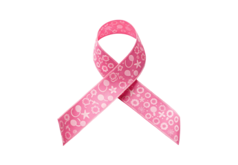 Pink ribbon with floral pattern for breast cancer awareness, isolated on a transparent background