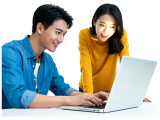 Young Asian couple smiling looking at laptop screen young couple, asian, smiling, looking, laptop, screen, technology, computer, happy, joy, connection, relationship, partnership, teamwork, collaborat