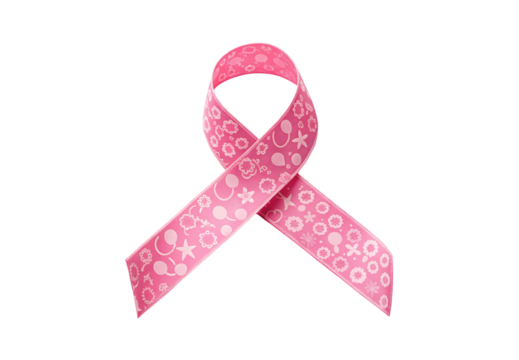 Pink ribbon with floral pattern for breast cancer awareness, isolated on a transparent background