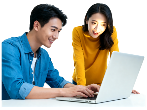 Young Asian couple smiling looking at laptop screen young couple, asian, smiling, looking, laptop, screen, technology, computer, happy, joy, connection, relationship, partnership, teamwork, collaborat
