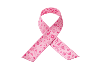 Pink awareness ribbon decorated with flowers and circles, isolated on a transparent background