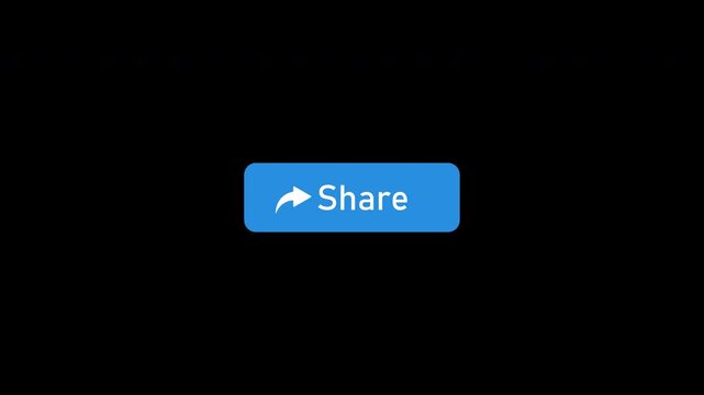 Blue button with the word share on it. The button is pointing to the right. The image is black and white. animation icon video