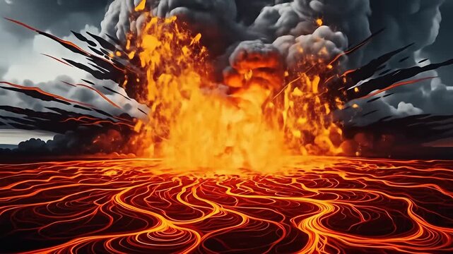 Volcanic Eruption with Flowing Lava and Explosive Fire.