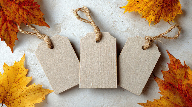 Blank tags with a leaf theme on a textured surface, perfect for adding your custom messages