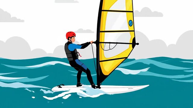 Windsurfing Illustration: Athlete Mastering Waves Using Sailboard on Azure Waters with Sky