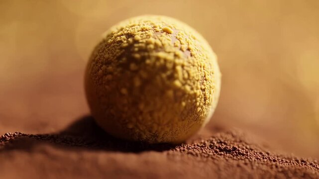 Ferrero Rocher Chocolate Macro Photography - Golden Hazelnut Texture on Cocoa Sand with Creamy Bokeh  