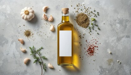 Olive Oil Bottle with Garlic, Spices, and Dill on a Textured Background