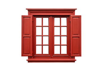Obraz premium Classic red wooden window with shutters and grid panes, isolated on a transparent background