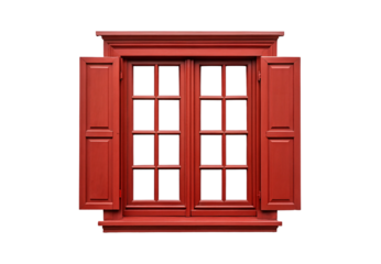 Classic red wooden window with shutters and grid panes, isolated on a transparent background
