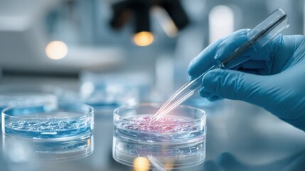 Scientist analyzing sample in petri dish with pipette