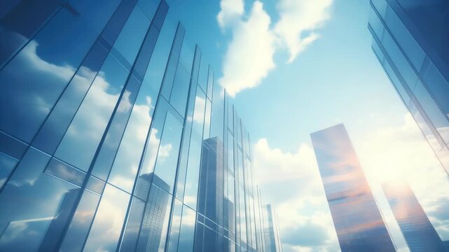 Modern office building or business center. High-rise window buildings made of glass reflect the clouds. empty street outside  wall modernity civilization. growing up business