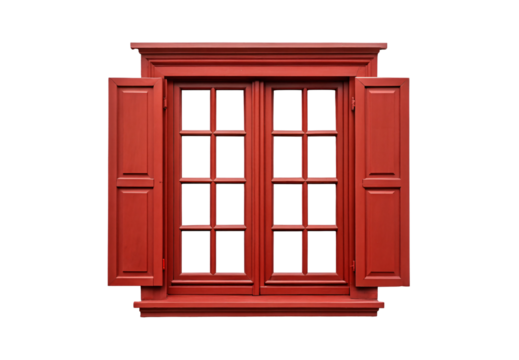 Classic red wooden window with shutters and grid panes, isolated on a transparent background