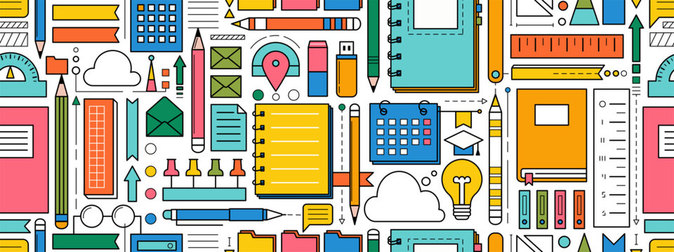 Back to school seamless pattern with study supplies and office stationery. Geometric poster of education and work concept with icons of pen, pencil, book, notebook, calendar and folders, vector illust