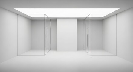 A minimalist, sterile white room with two transparent glass partitions and a bright ceiling light.