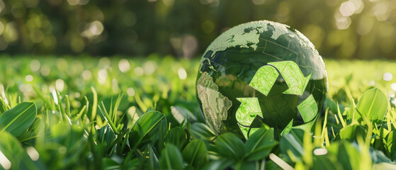 A transparent globe with a recycling symbol lies on green grass, reminding us of our global environmental responsibility — ideal as an atmospheric backdrop for presentations on nature conservation.