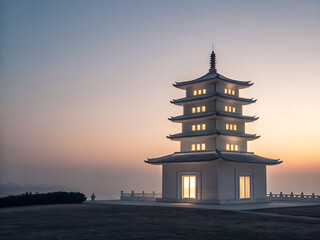 Temple tower in dawn light, minimalist ton