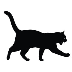 Black Cat Silhouette Aggressive Stance Roaring with Open Mouth and Raised Tail Isolated on White Background
