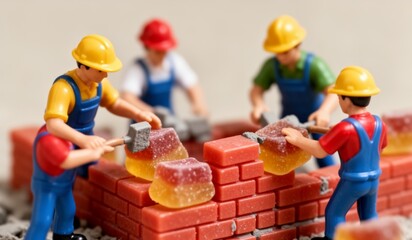 Miniature builders create sweet brick wall using colorful candy blocks in playful construction scene