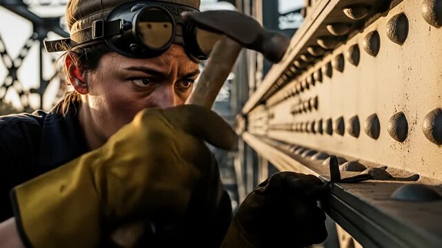 Female construction worker hammering on a metal beam.