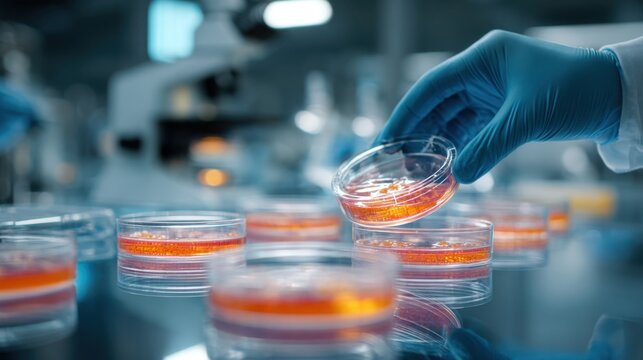 Scientist works with petri dishes in laboratory