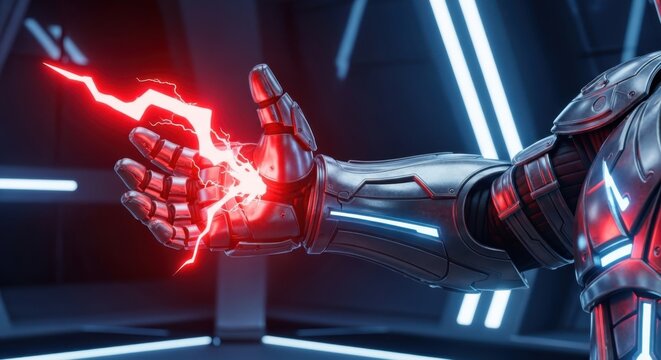 Futuristic Armored Hand Emitting Red Lightning Energy in Sci-Fi Setting