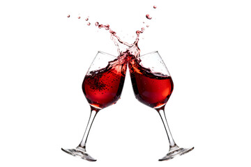 Two red wine glasses clinking with splash toast wine, red wine, glasses, clinking, toast, celebration, splash, liquid, alcohol, beverage, drink, dark background, studio shot, motion, dynamic, party, e