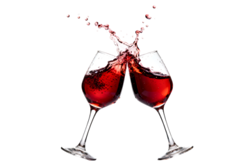 Two red wine glasses clinking with splash toast wine, red wine, glasses, clinking, toast, celebration, splash, liquid, alcohol, beverage, drink, dark background, studio shot, motion, dynamic, party, e