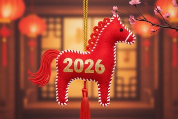 Red stitched horse ornament with golden "2026" on it. A charming and festive representation of the Chinese Year of the Horse with handmade, cultural appeal.