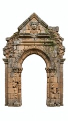 Fototapeta premium Ancient ruined stone archway with a carved keystone face, an isolated architectural element from a historic building