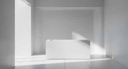 A minimalist white room featuring a simple rectangular counter, illuminated by natural sunlight creating strong shadows.