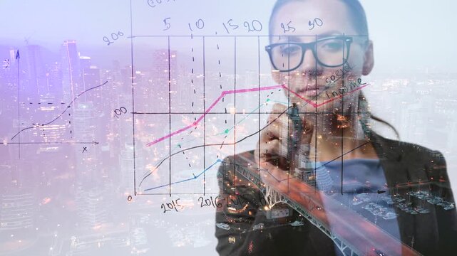 Double exposure of a business woman draws various growth charts
