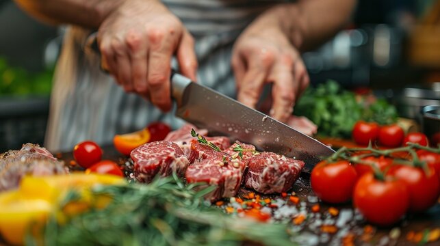 In the kitchen, the chef carefully cuts juicy meat alongside tomatoes and herbs, highlighting the art of culinary mastery — the perfect atmospheric backdrop for advertising gastronomic courses  