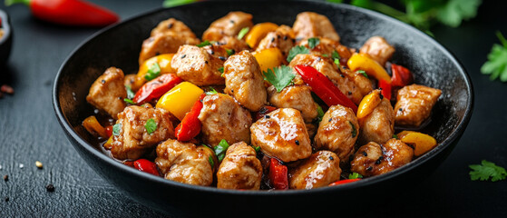 A rich dish with pieces of meat and bright peppers in sauce, garnished with greens — the perfect visual for food blogs that need an appetising background.