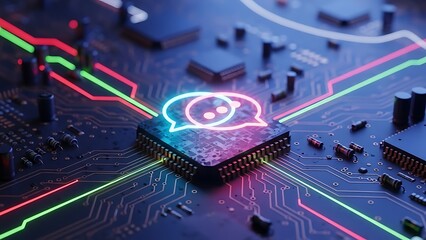AI Chatbot Technology and Communication Microchip with Speech Bubbles Illustrating Artificial Intelligence Integration in Hardware for Next Generation Technological Advancements