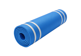 Bright blue rolled yoga mat secured with white elastic bands, isolated on a transparent background