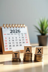 Tax concept with wooden blocks spelling TAX on stacked coins in front of 2026 desk calendar. Financial planning, taxation deadline and accounting theme with plant in background.
