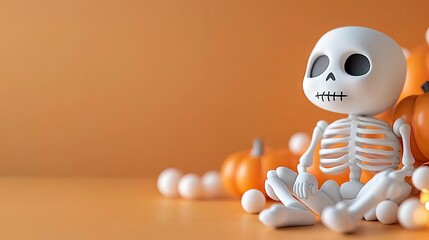 A cute cartoon skeleton is sitting on an orange surface, surrounded by pumpkins and white decorations, creating a Halloween-themed scene.