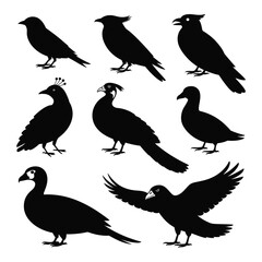 Naklejka premium Nine black silhouettes of various birds on a white background peacock crow