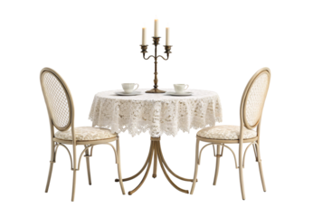Vintage bistro table setting with ornate chairs, lace tablecloth, and candelabra centerpiece, isolated on a transparent background
