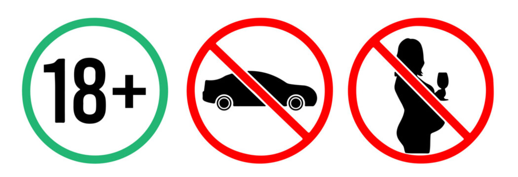 No drink and drive, Do not drink alcohol, Pregnant Woman Drinking Alcohol, 18 plus only. Prohibition sign, Vector icon set for alcohol bottle