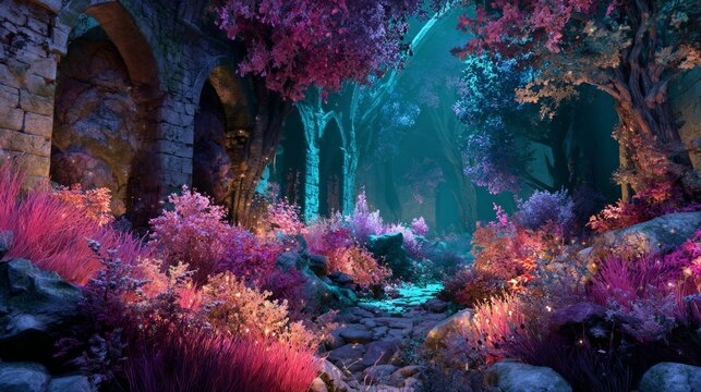 Bioluminescent fantasy forest with ancient stone ruins partially covered by neon plants, glowing pink and violet foliage, shimmering magical dust in the air, soft turquoise light from above