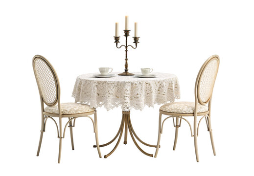 Vintage bistro table setting with ornate chairs, lace tablecloth, and candelabra centerpiece, isolated on a transparent background