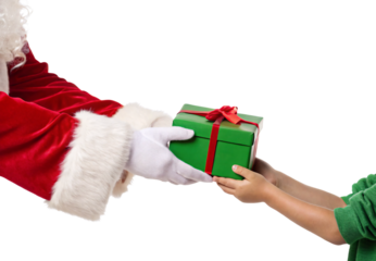 Santa Claus hand giving wrapped green gift box to child's hand, isolated on a transparent background