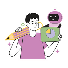 LLM training and machine learning vector.Creative professional collaborating with an ai robot, analyzing data and generating new ideas with a giant pencil

