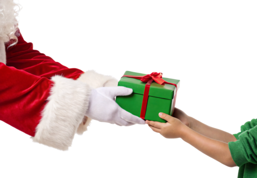 Santa Claus hand giving wrapped green gift box to child's hand, isolated on a transparent background